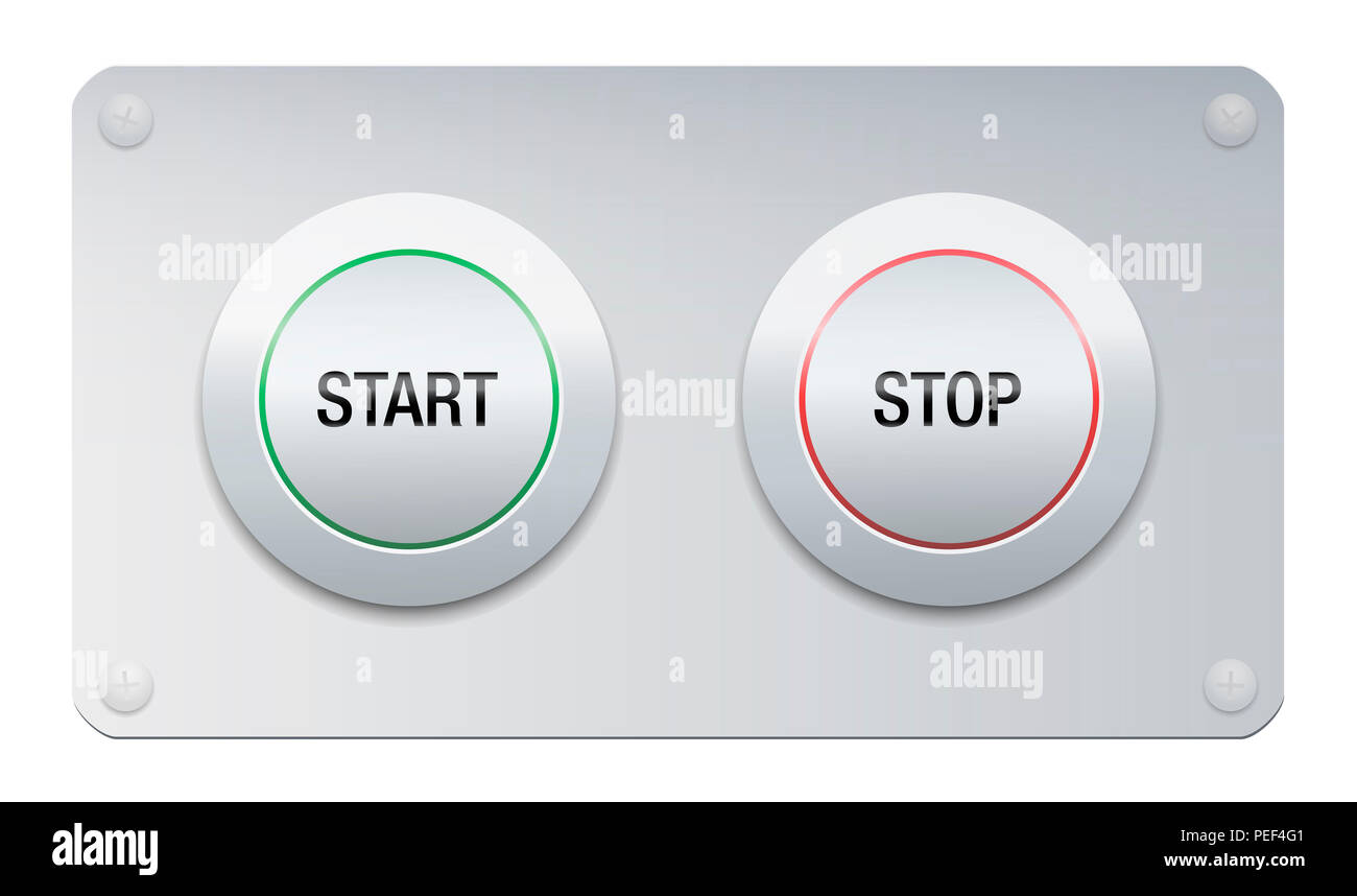 Start- und Stopptaste auf eine verchromte Oberfläche panel für Instrumente, Maschinen stoppen, Gadgets. Stockfoto