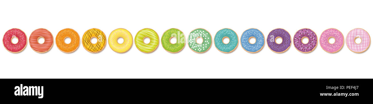 Donut Muster. Rainbow Donuts in einer Zeile farbig - Abbildung auf weißen Hintergrund. Stockfoto