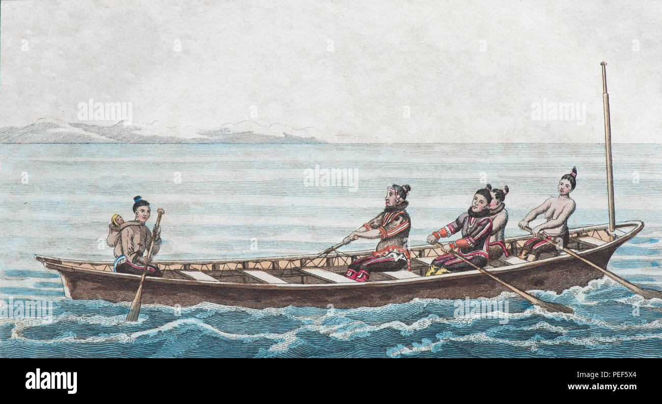Grönländisch winter Boot, handcolorierte Kupferstich von Friedrich Justin Bertuch Bilderbuch für Kinder, 1830, Weimar Stockfoto