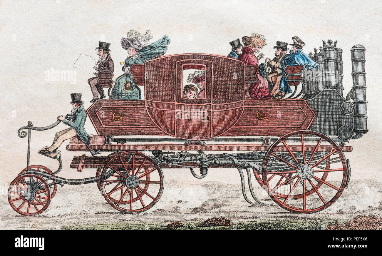 Gurney's Dampf Reisebus, handcolorierte Kupferstich von Friedrich Justin Bertuch's Bilderbuch für Kinder, 1830, Weimar Stockfoto