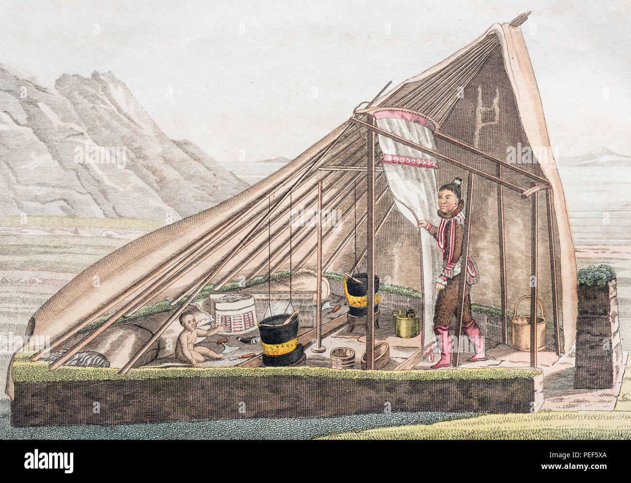 Sommer Hütte der Grönländer, handcolorierte Kupferstich von Friedrich Justin Bertuch Bilderbuch für Kinder, 1830 Stockfoto