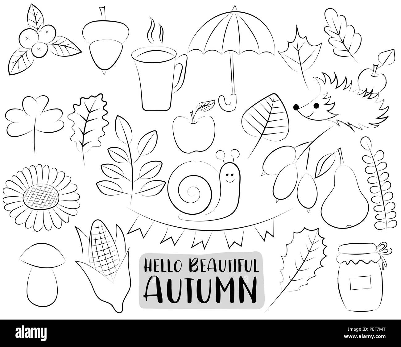 Herbst Symbole gesetzt. Schwarze und weiße Hand Umrisse doodle Objekte gezeichnet. Färbung Seite Kinder spiel. Vector Illustration. Stock Vektor