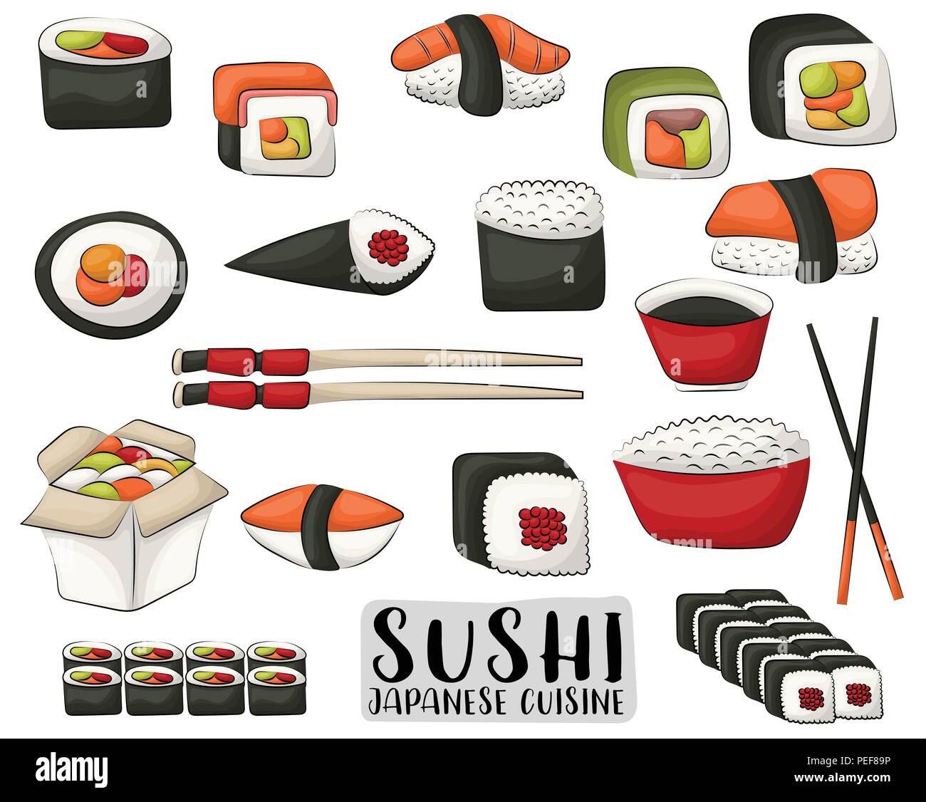 Sushi und Brötchen. Japanische Küche Konzept. Symbole und Objekte für asiatisches Restaurant Menü oder Werbung. Vector Illustration auf weißen Bac isoliert Stock Vektor