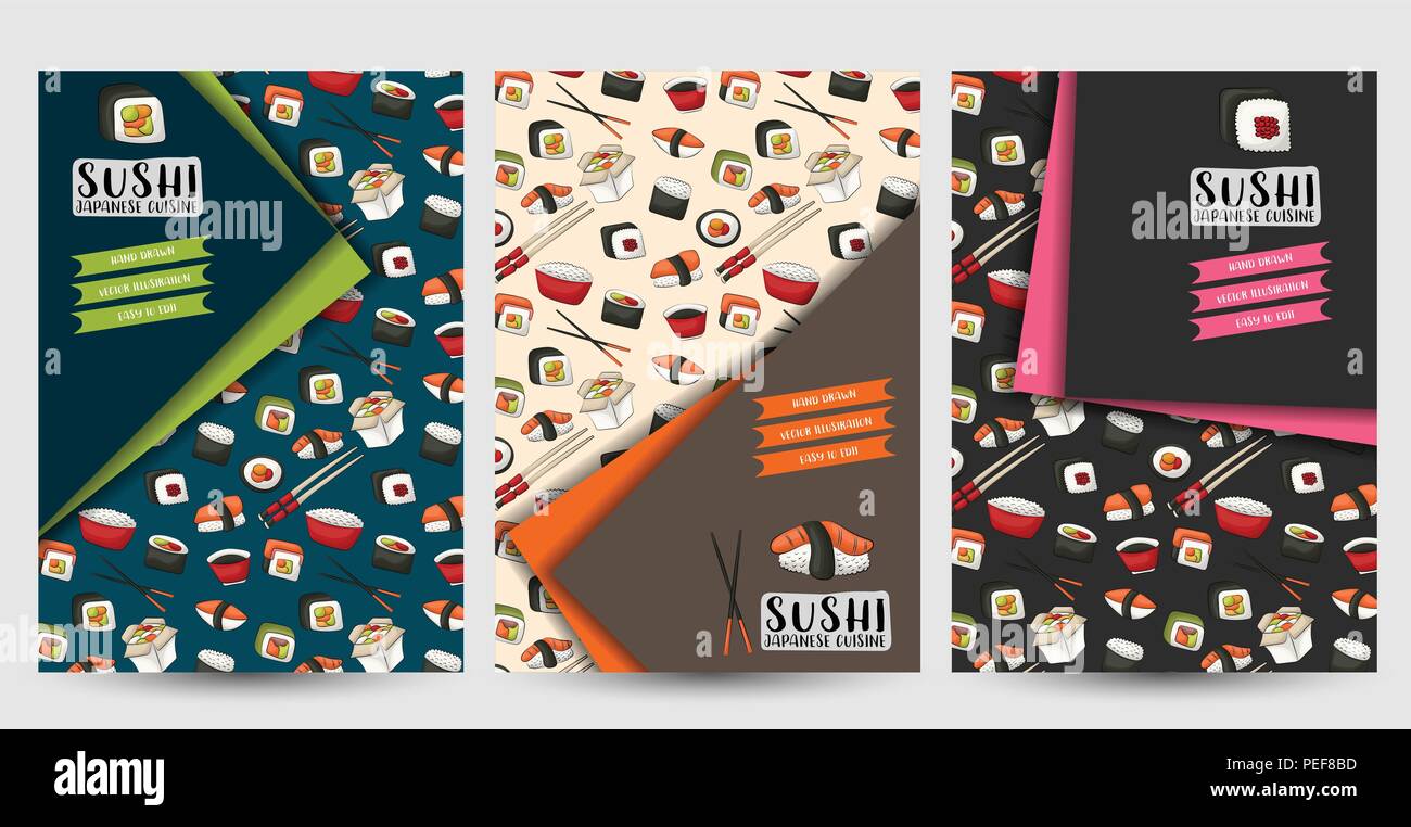 Eine Reihe von Flyern für Sushi Bar oder Restaurant. Asiatische Lebensmittel brochires oder Menü. Vector Illustration. Stock Vektor