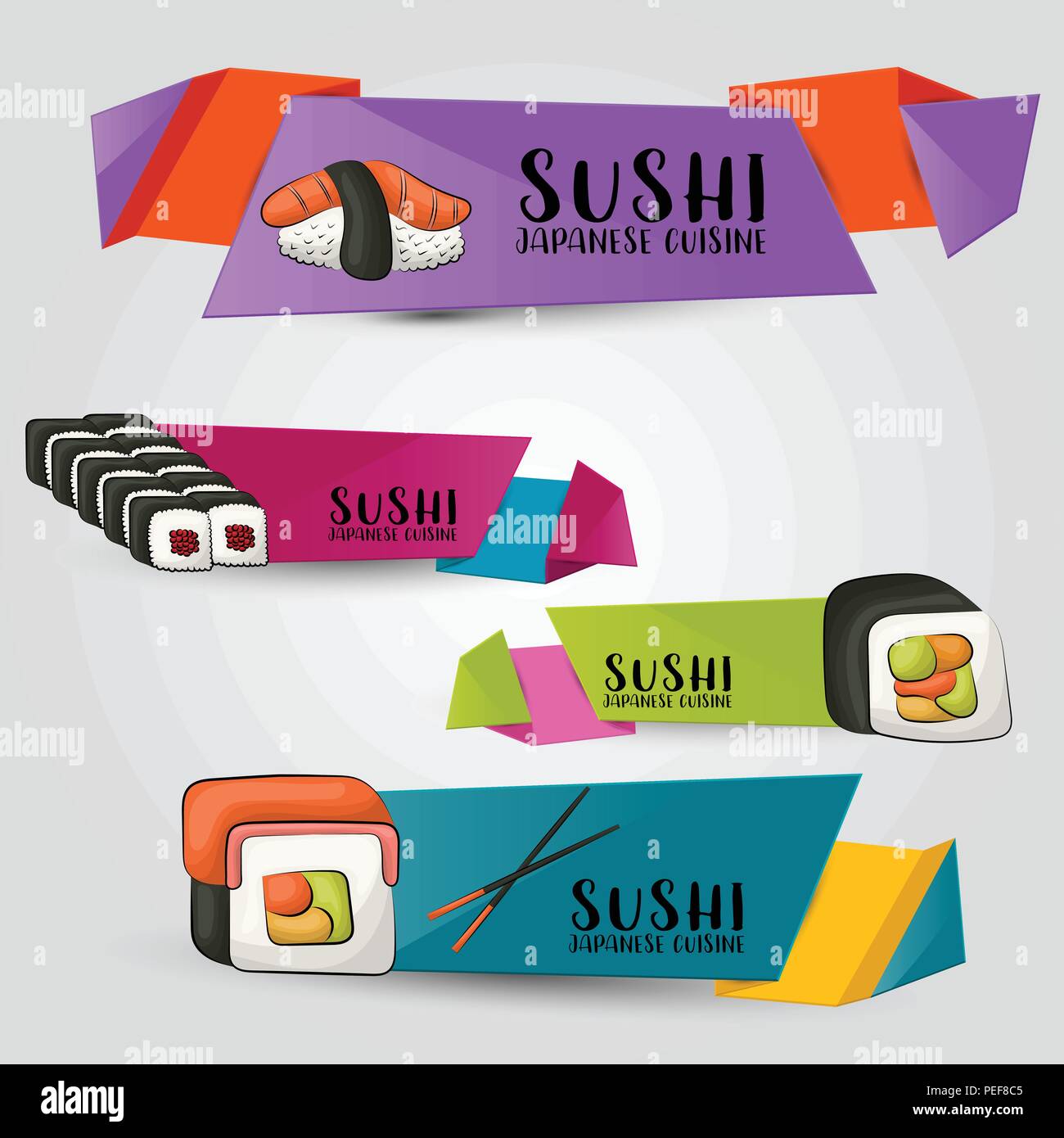 Sushi Bar und ein asiatisches Restaurant horizontale Banner ist. Japanisches essen Werbung Design vorlage. Cute Etiketten oder Aufklebern in einem catrtoon Stil. Vecto Stock Vektor