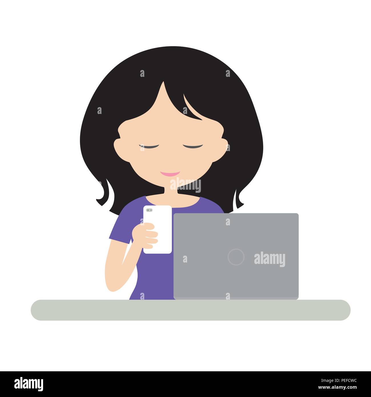 Junge Frau Manager sitzen am Schreibtisch mit Laptop und Handy und Arbeiten - isolierte Vektor auf weißem Hintergrund Stock Vektor