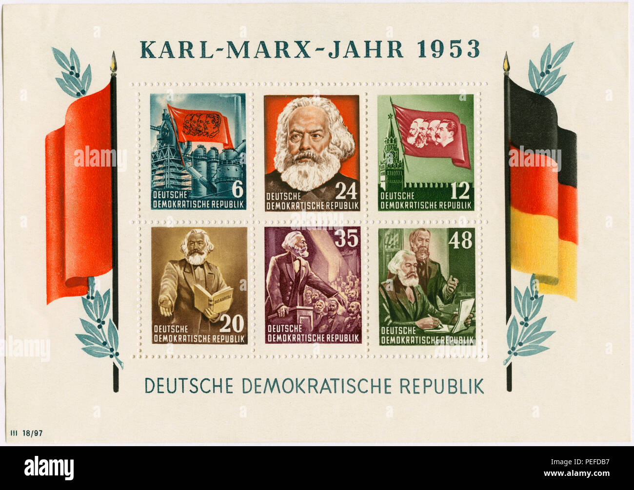 Karl Marx Commemorative Briefmarke Blatt, DDR, DDR, 1953 Stockfoto