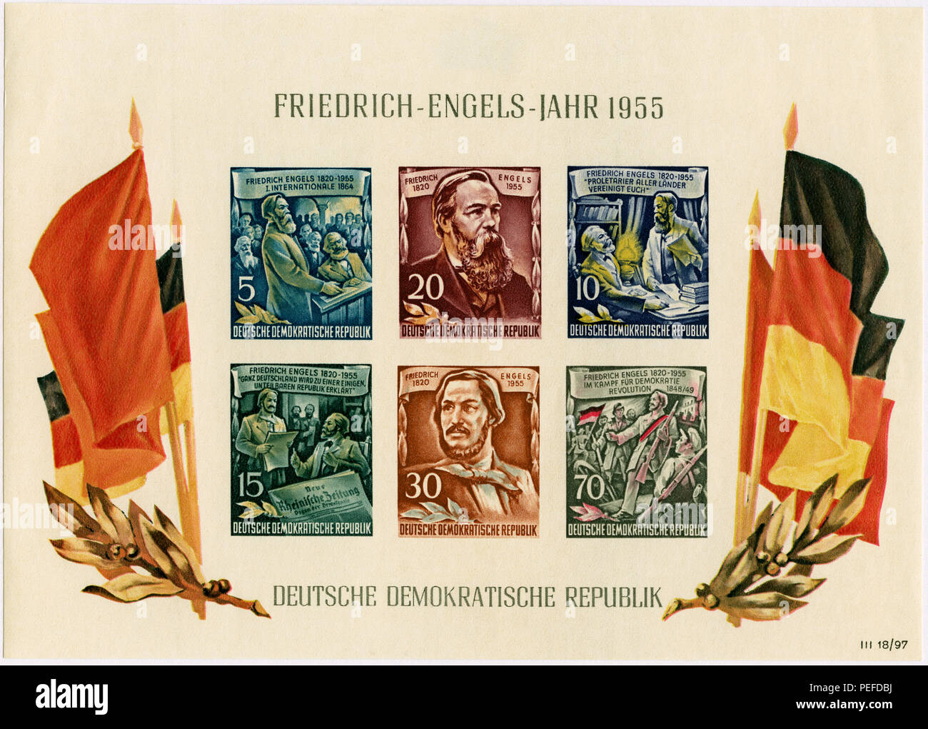 Friedrich Engels Commemorative Briefmarke Blatt, DDR, DDR, 1955 Stockfoto