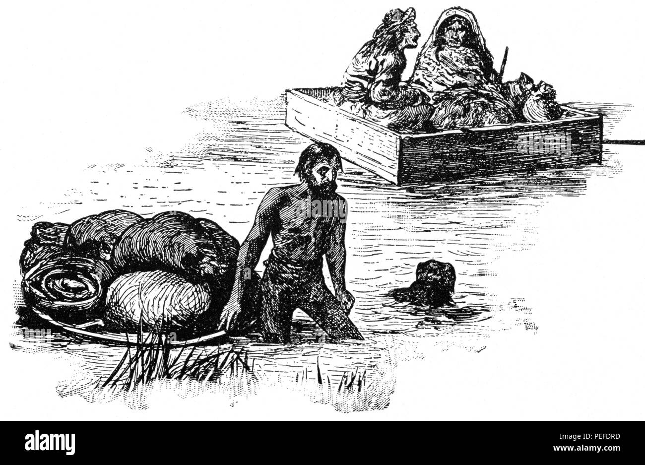 Überquerung des Red River, Manitoba, Kanada, Illustration, klassischen Portfolio von Primitiven Carrier, von Marshall M. Kirman, Welt Bahn Publ. Co., Illustration, 1895 Stockfoto