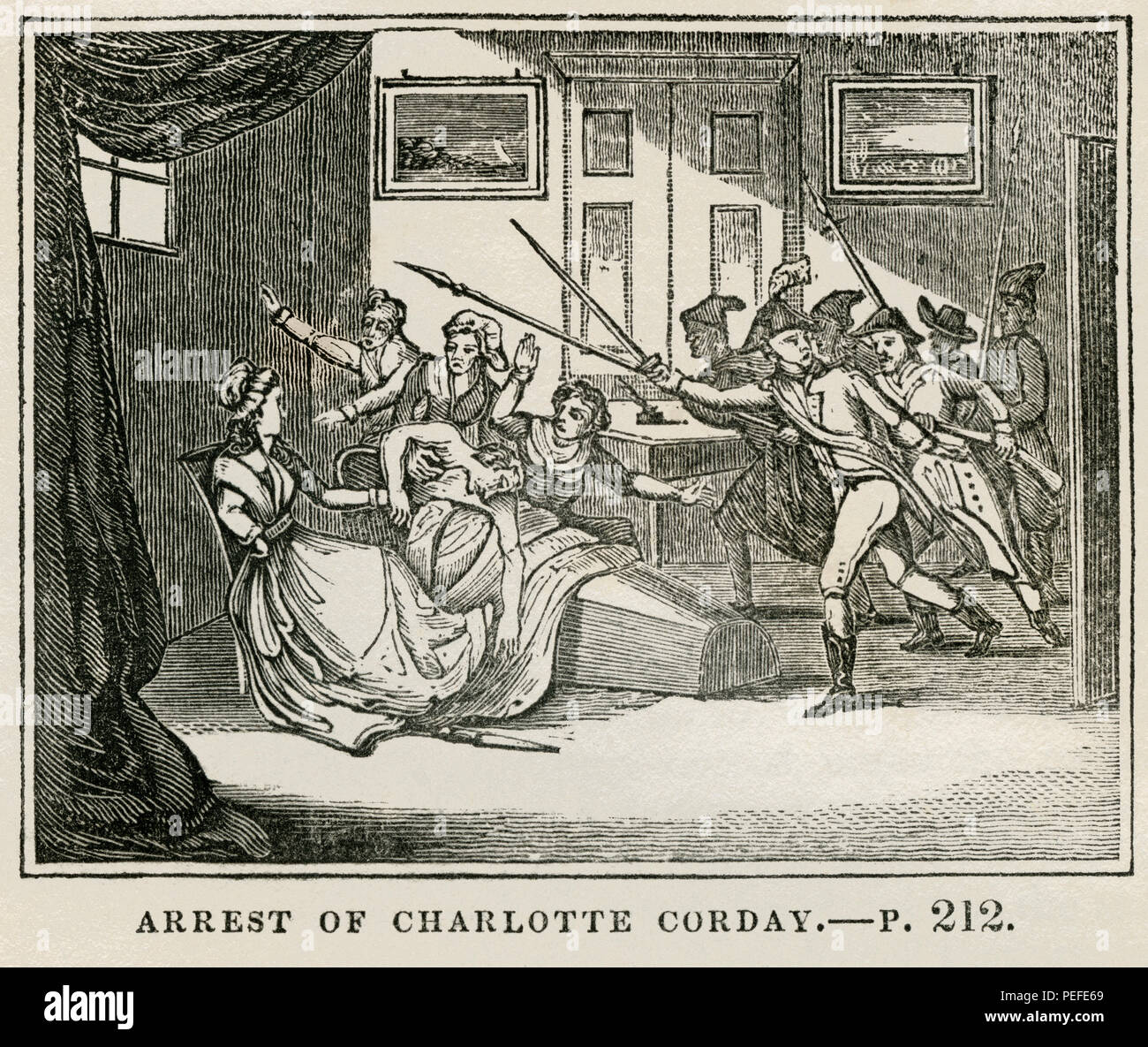 Festnahme von Charlotte Corday, Illustration aus dem Buch, historische Kabinett, LINKS Junge Publisher, New Haven, 1834 Stockfoto