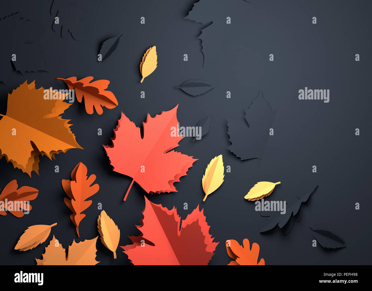 Gefaltetes Papier kunst Origami. Saisonale Herbstlaub auf einem dunklen Hintergrund. 3D-Darstellung Stockfoto
