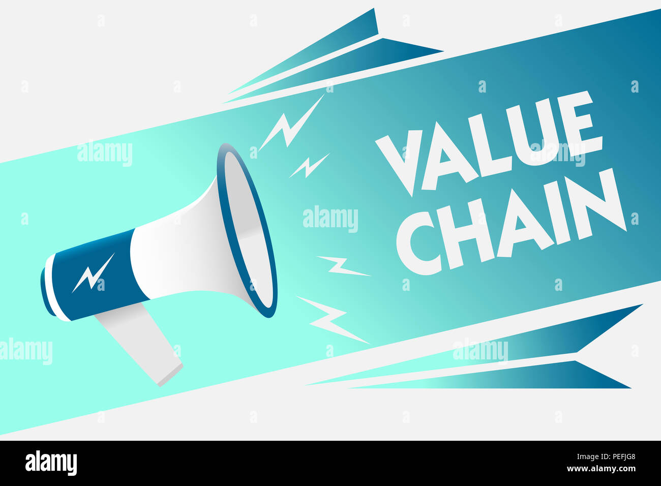 Handschrift text Wertschöpfungskette. Begriff Sinne die Fertigung Prozessindustrie Entwicklung Analyse Megaphon Lautsprecher Sprechblase importa Stockfoto