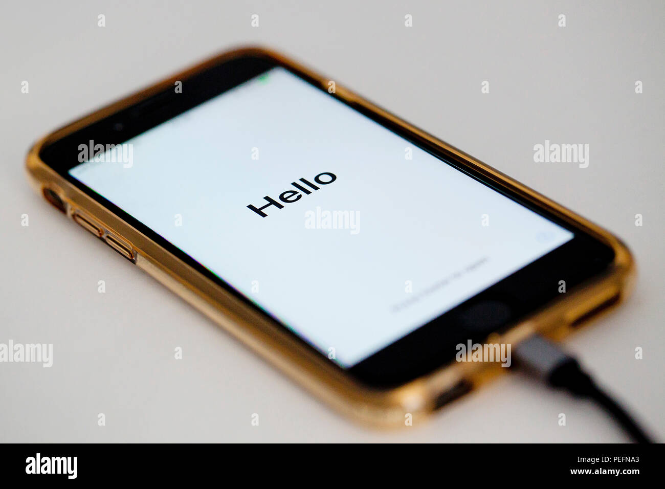 Hallo, neues iPhone 6 willkommen. Neues Telefon. Stockfoto
