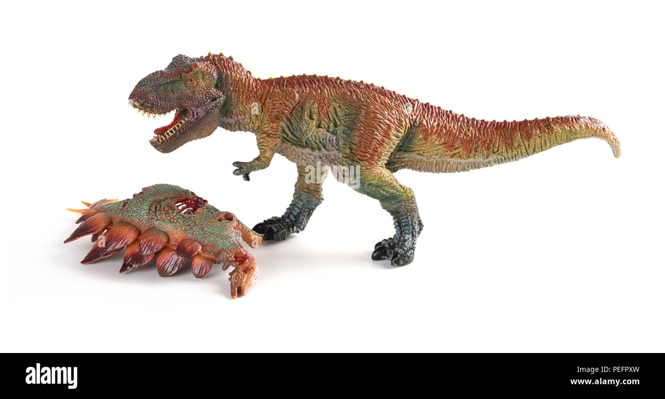 Vorderansicht tyrannosaurus mit einem stegosaurus Körper in der Nähe auf weißem Hintergrund Stockfoto