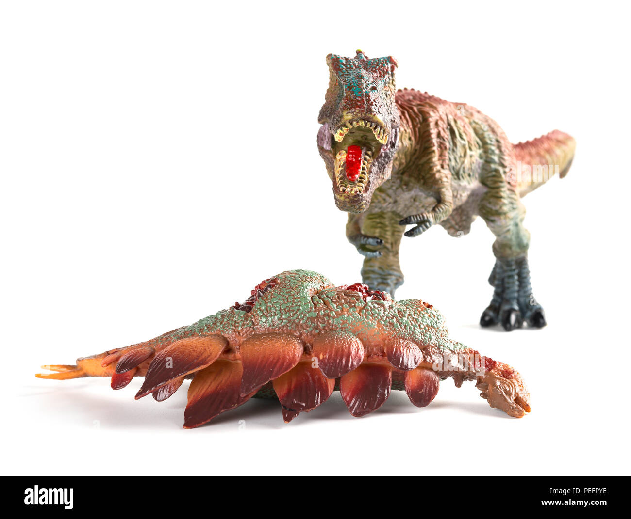 Vorderansicht tyrannosaurus mit einem stegosaurus Körper in der Nähe auf weißem Hintergrund Stockfoto