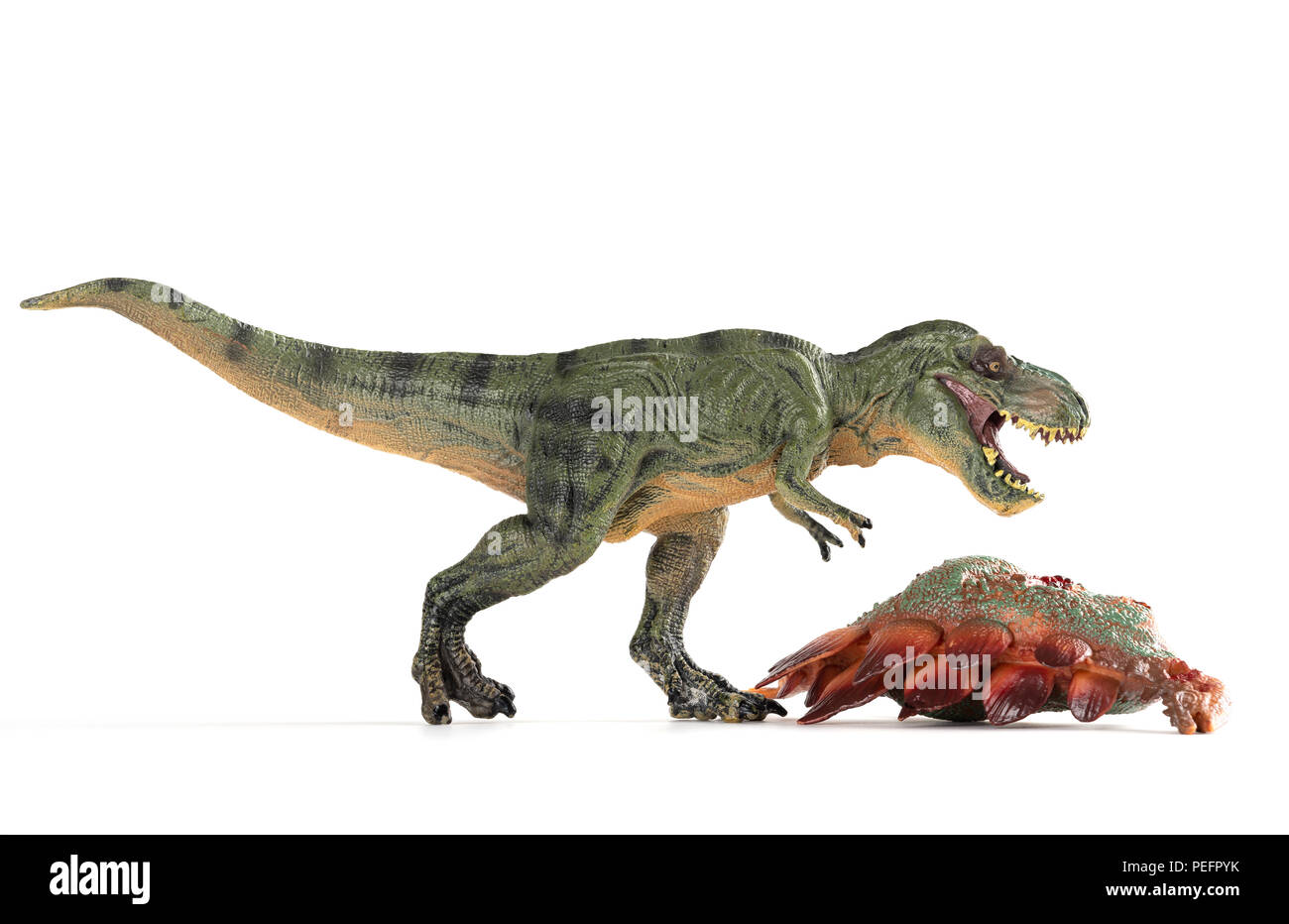 Tyrannosaurus mit einem stegosaurus Körper in der Nähe auf weißem Hintergrund Stockfoto