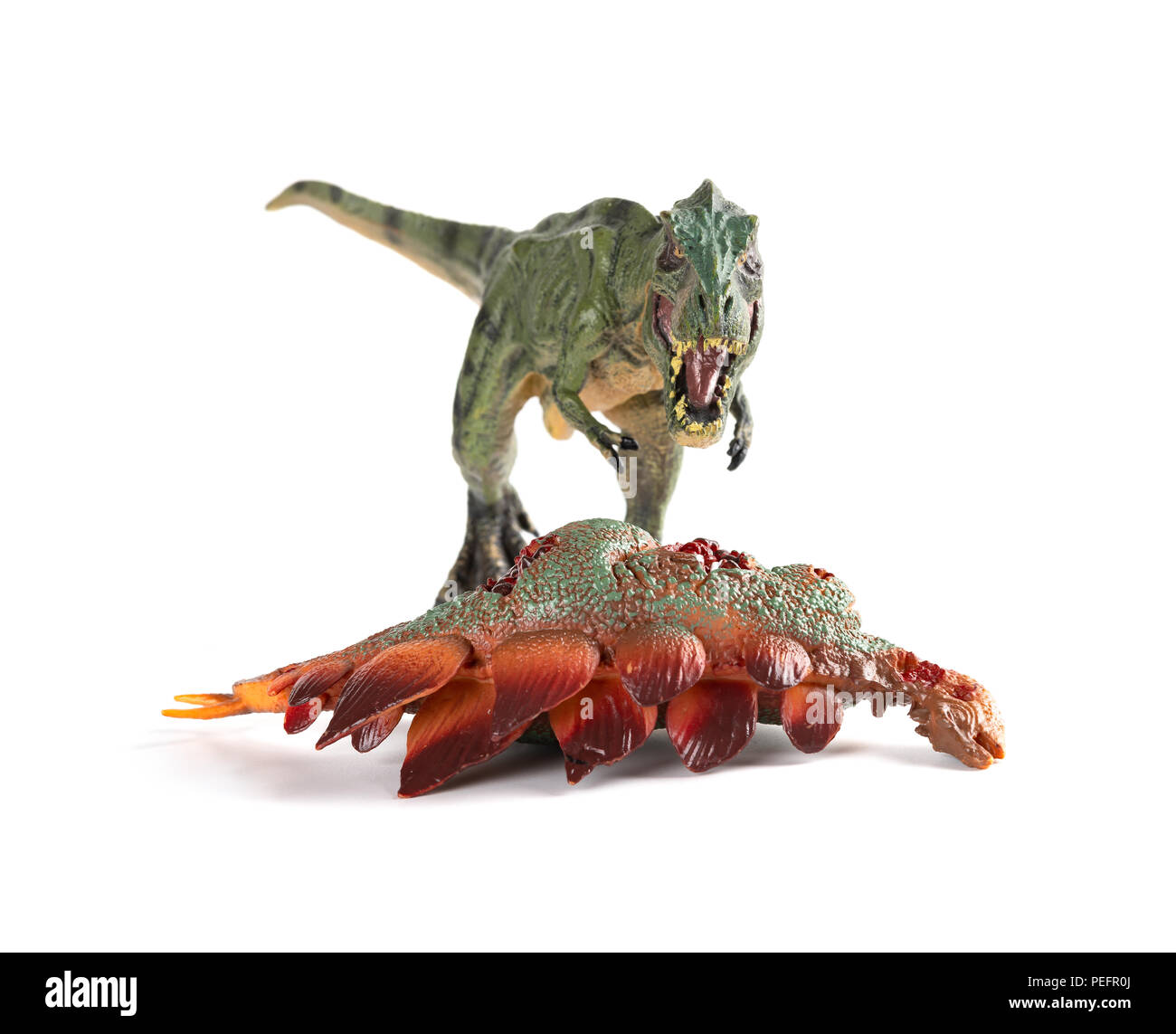 Vorderansicht tyrannosaurus mit einem stegosaurus Körper in der Nähe auf weißem Hintergrund Stockfoto