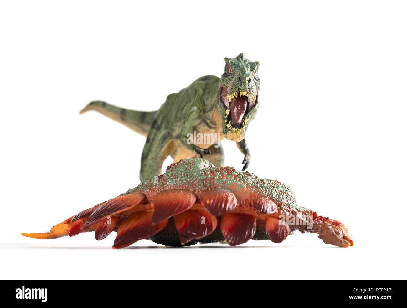 Vorderansicht tyrannosaurus mit einem stegosaurus Körper in der Nähe auf weißem Hintergrund Stockfoto