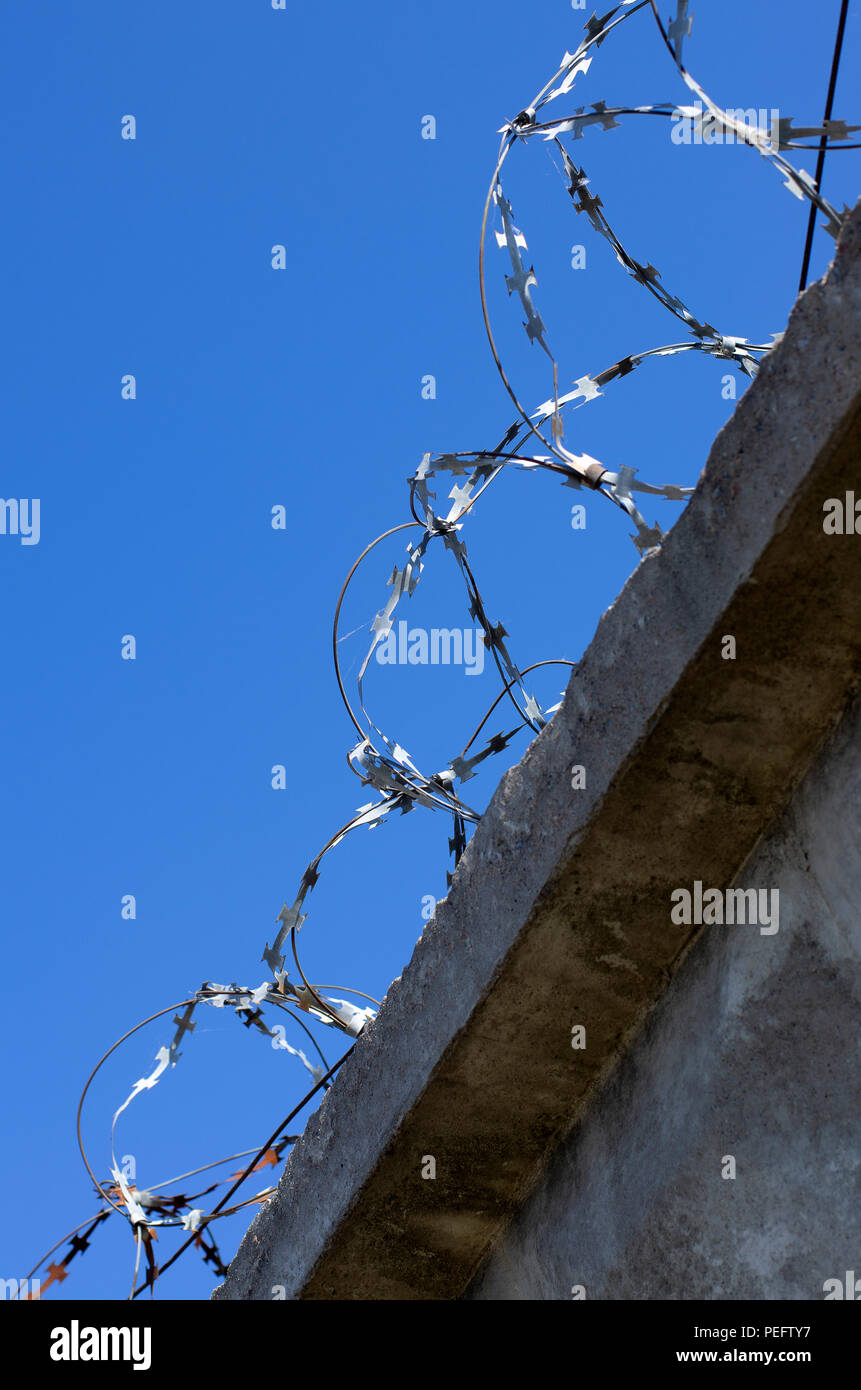 Spulen Stacheldraht mit Spikes auf einer konkreten Zaun in einer vertikalen Position im Hintergrund blauer Himmel Stockfoto