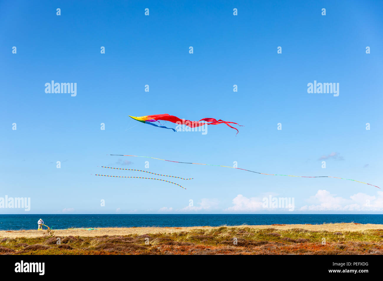 Mann mit regenbogenfarbenen Kite; Læsø, Dänemark Stockfoto