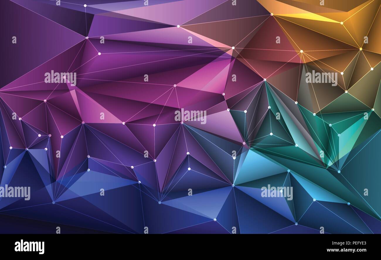 Vector3D-Darstellung geometrischer, Polygon, Linie, Dreieck Muster Form mit Molekülstruktur. Polygonale mit blau lila, gelb hinterlegt. Abstrac Stock Vektor