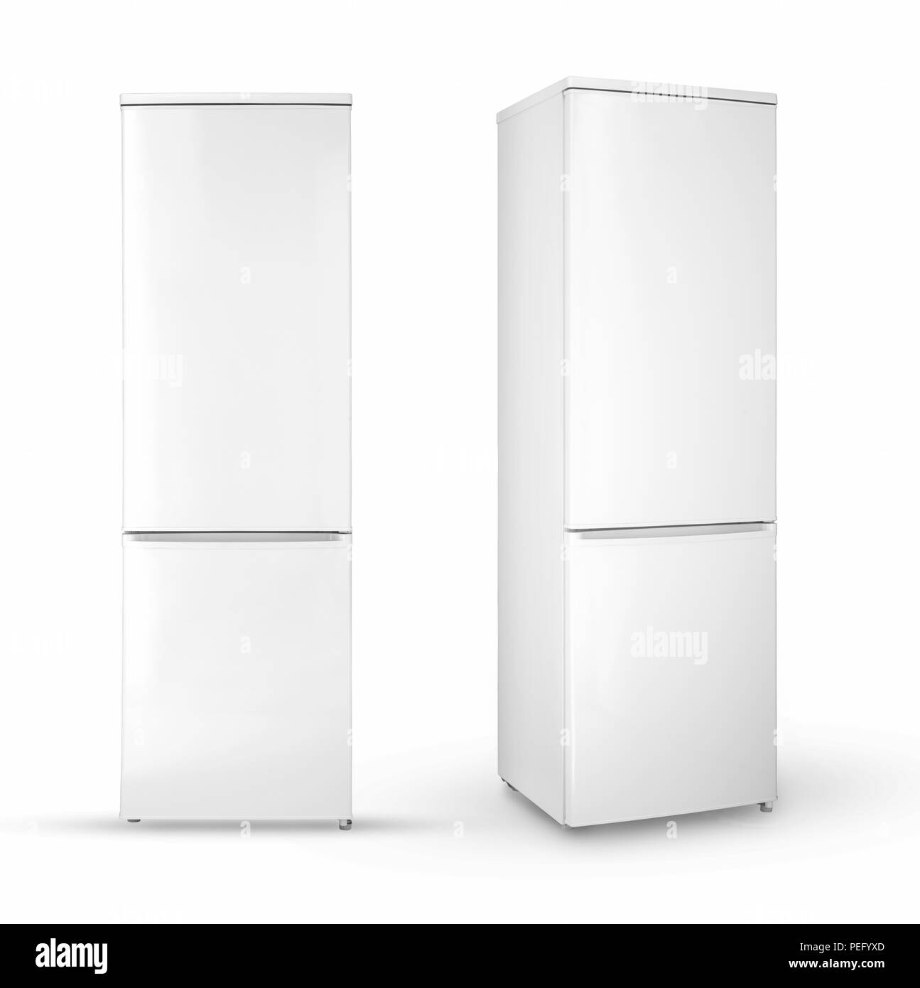 Moderner Haushalt Zwei-kammer-Kühlschrank auf einem weißen Hintergrund, zwei Winkel und Positionen, isoliert Stockfoto
