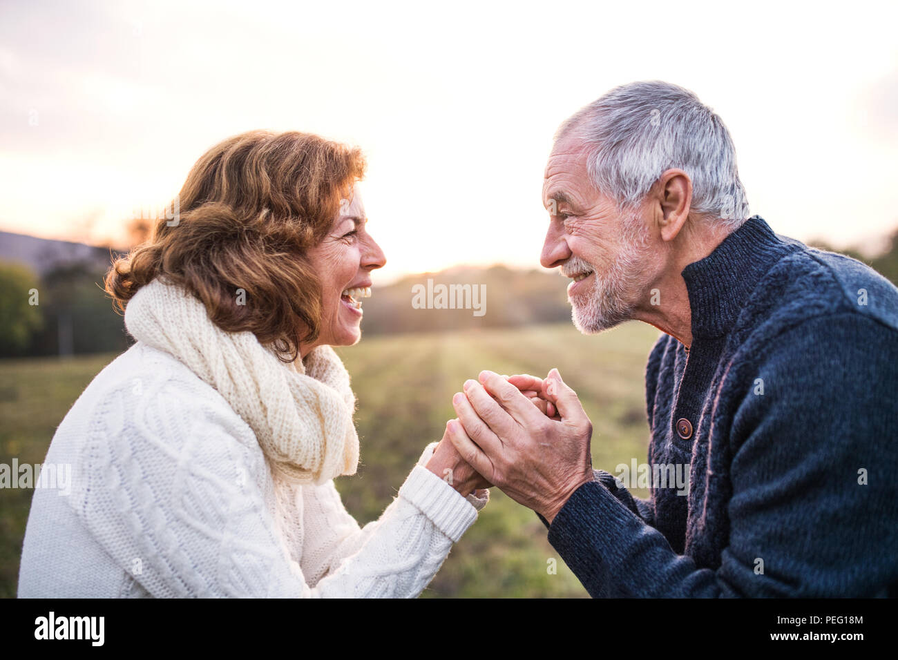 Senior Paar an einander in einem Herbst Natur suchen, halten sich an den Händen. Stockfoto