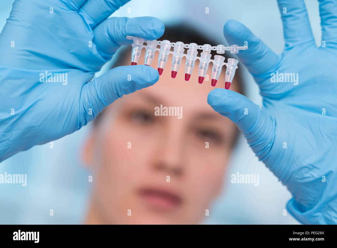 Junge Frau mit der genetischen Forschung im Labor Forschung von Krebserkrankungen Stockfoto