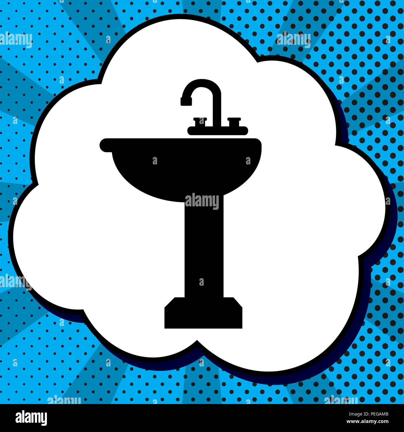 Badezimmer Waschbecken unterzeichnen. Vektor. Schwarzes Symbol in Bubble, blau Pop-art Hintergrund mit Strahlen. Stock Vektor