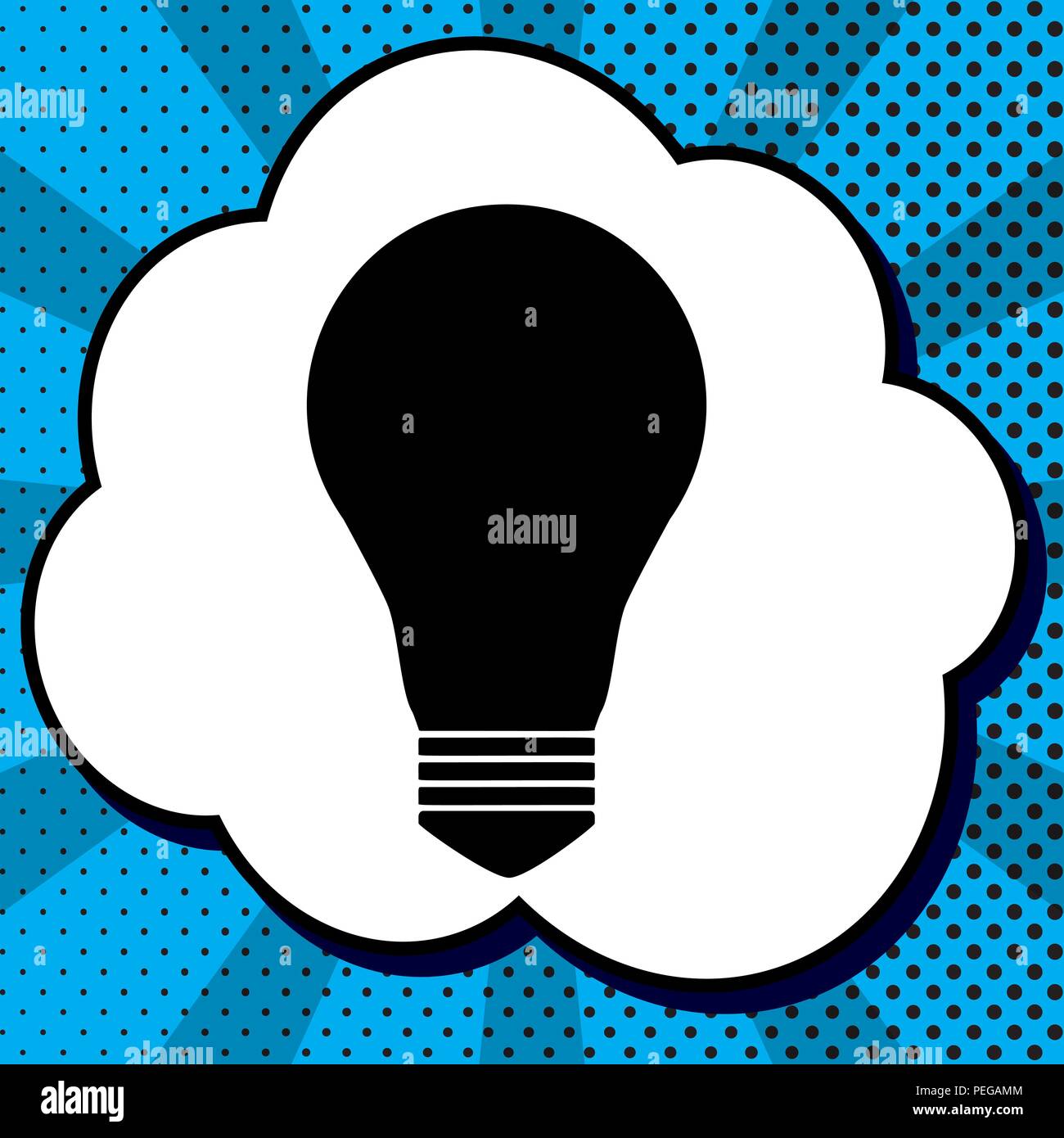 Licht Lampe unterzeichnen. Vektor. Schwarzes Symbol in Bubble, blau Pop-art Hintergrund mit Strahlen. Stock Vektor