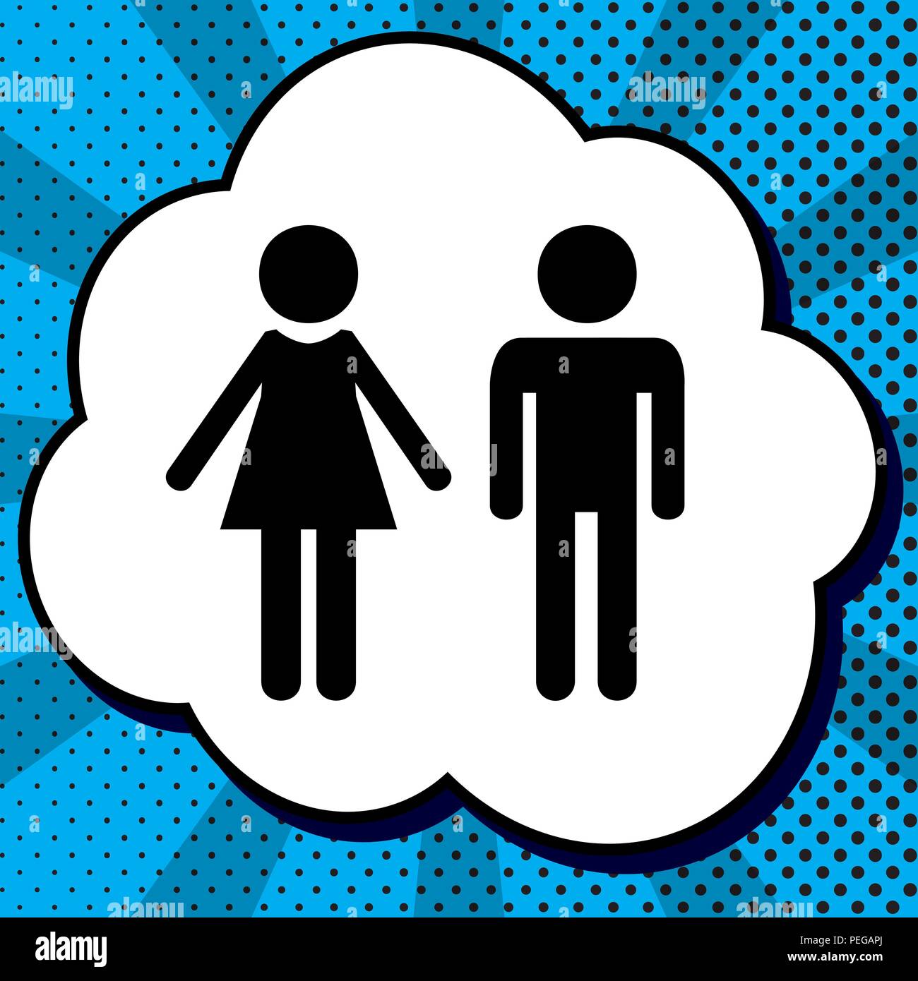 Männliche und weibliche Zeichen. Vektor. Schwarzes Symbol in Bubble, blau Pop-art Hintergrund mit Strahlen. Stock Vektor