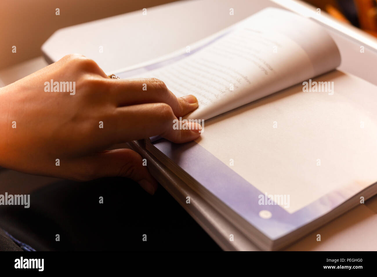 Frau Passagier Killing Time durch lesen Buch beim Reisen auf der Ebene. Stockfoto