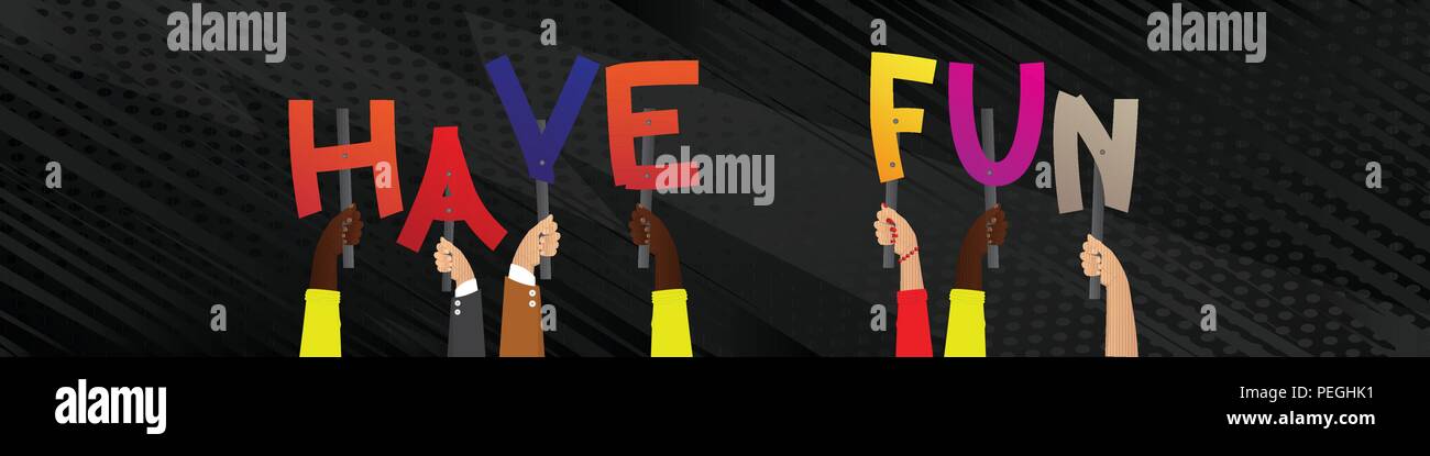 Diverse Hände, die Buchstaben des Alphabets erstellt das Wort Spaß ...