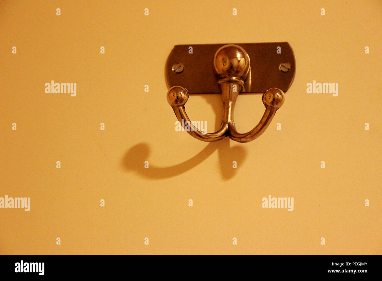 Messing Handtuchhaken ordentlich auf bemalten Wand der modernen Badezimmer ausgestattet Stockfoto