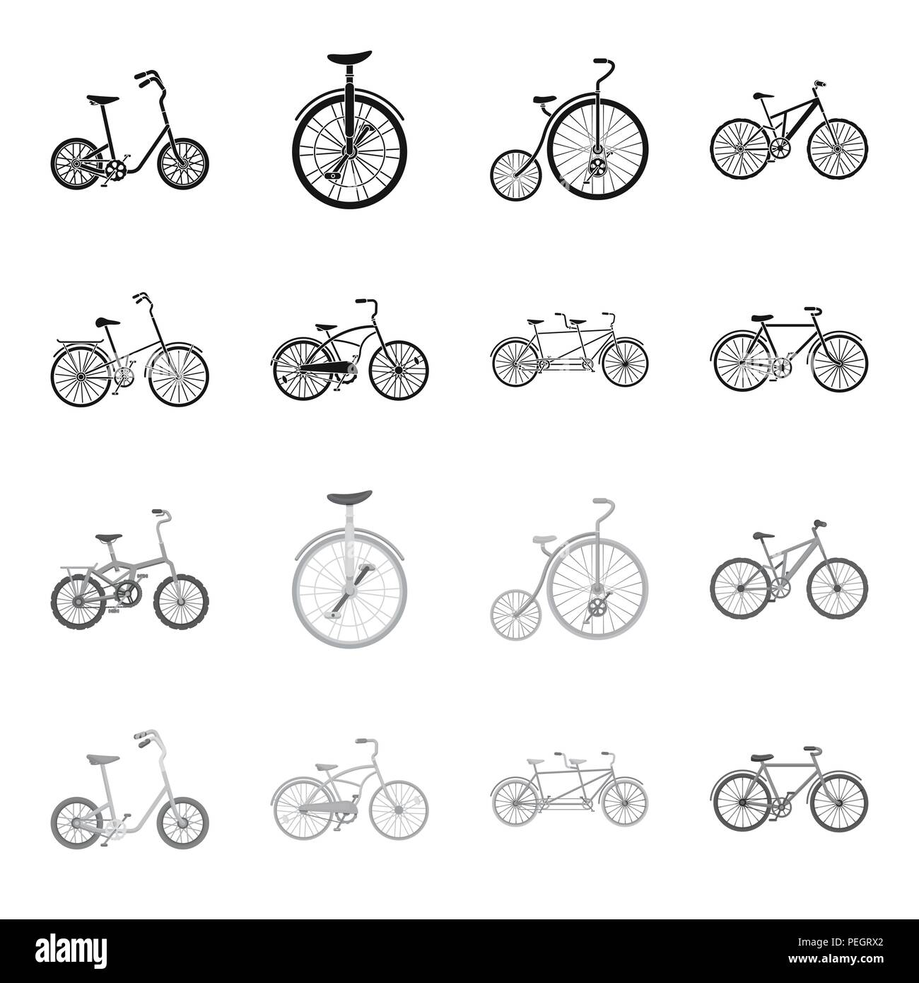 Kinder Fahrrad, Tandem und anderen Arten. Verschiedene fahrräder Sammlung Icons in Schwarz, Schwarz-Weiß Stil vektor Symbol lieferbar Abbildung. Stock Vektor