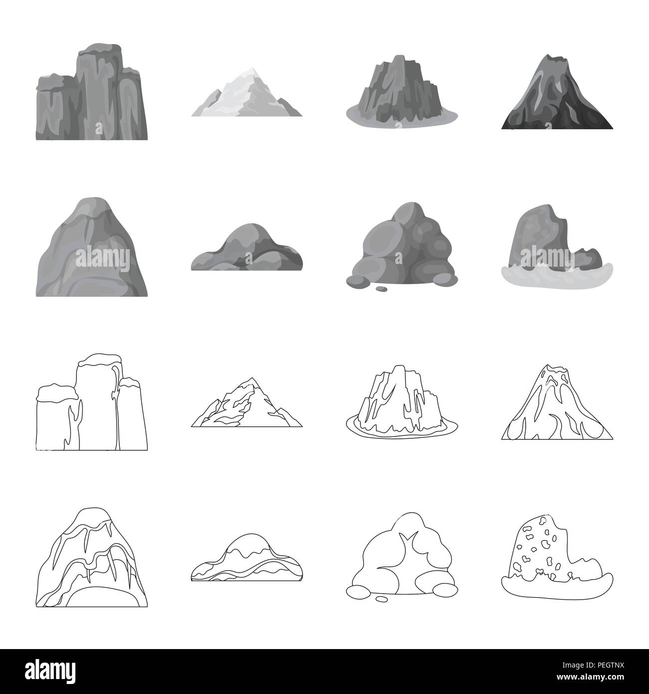 Geröll, eine abgerundete Berge, Felsen im Meer. Verschiedene berge Sammlung Icons in Grenzen gesetzt, Schwarzweiß-Stil vektor Symbol lieferbar Abbildung: Stock Vektor