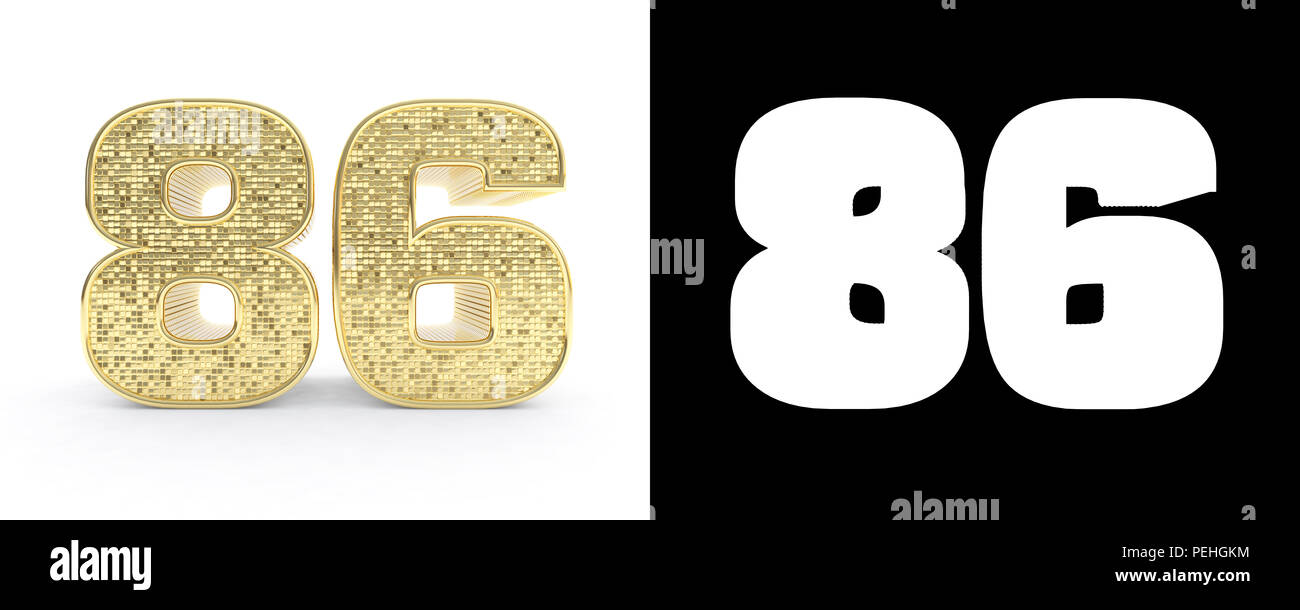 Goldene Zahl 80 Sechs (Nummer 86) auf weißem Hintergrund mit Schlagschatten und Alpha Kanal. 3D-Darstellung. Stockfoto