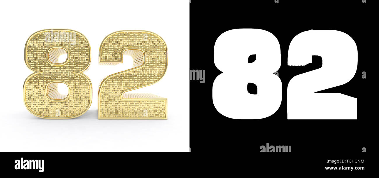 Goldene Zahl 80 Zwei (Nummer 82) auf weißem Hintergrund mit Schlagschatten und Alpha Kanal. 3D-Darstellung. Stockfoto