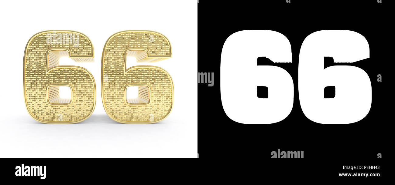 Goldene Zahl 66 (Nummer 66) auf weißen Hintergrund mit Schlagschatten und Alpha Kanal. 3D-Darstellung. Stockfoto