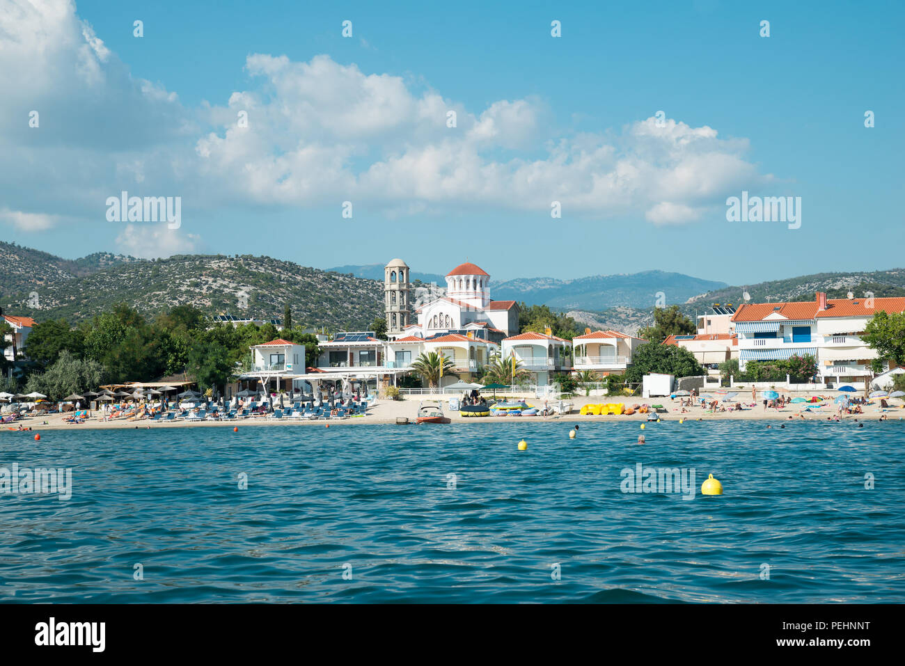 Strand von Potos aus einem Boot, Thasos, Ostmakedonien und Thrakien, Griechenland, Europa Stockfoto
