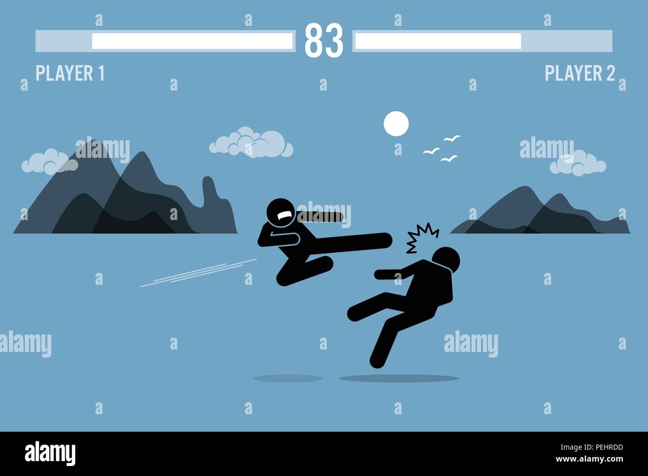 Abbildung fighter Zeichen in einem Videospiel Szene kämpfen mit Gesundheit Balken am oberen Stock. Eine Person ist Fliegen ein anderer Mann treten mit schönen sc Stock Vektor