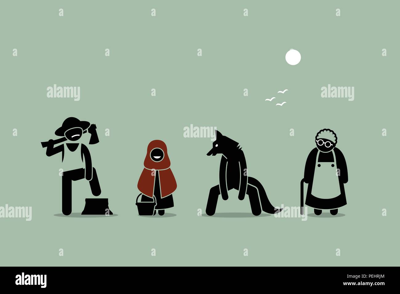 Vier wichtigsten Zeichen in Red Riding Hood Bedtime Story entworfen und im Strichmännchen Stil dargestellt. Stock Vektor