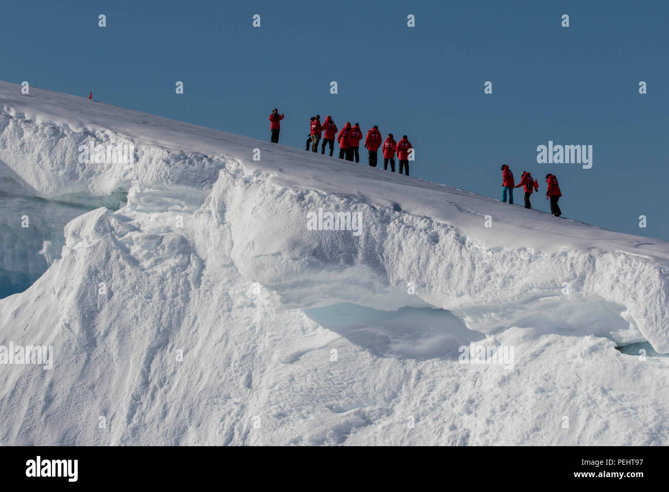 Touristen wandern auf einem verschneiten Hügel in der Antarktis Stockfoto