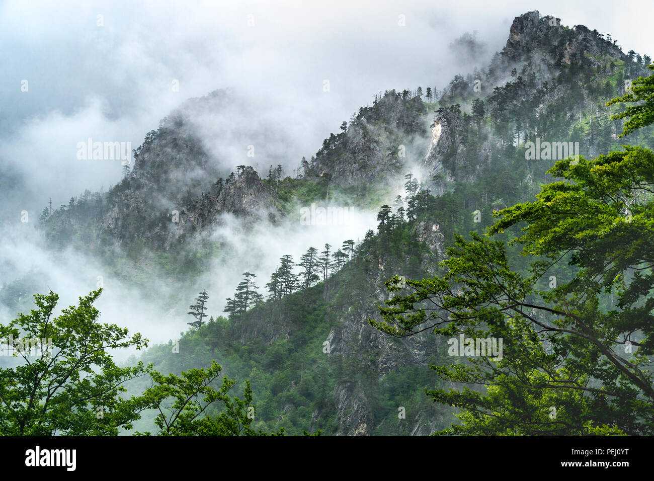 Wolken teilweise Abdeckung der wilde und dramatische Albanischen Alpen, auch als die Verfluchten Berge, in der Valbone Valley National Park, North Eastern bekannt Stockfoto