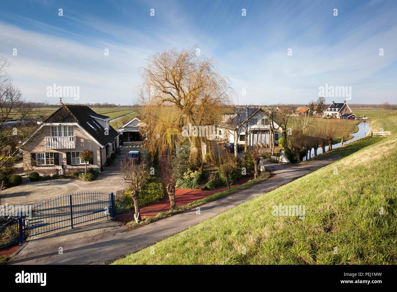 Holländische Polderlandschaft mit einem Bauernhof und einige Häuser in Capelle Aan den IJssel in den Niederlanden Stockfoto