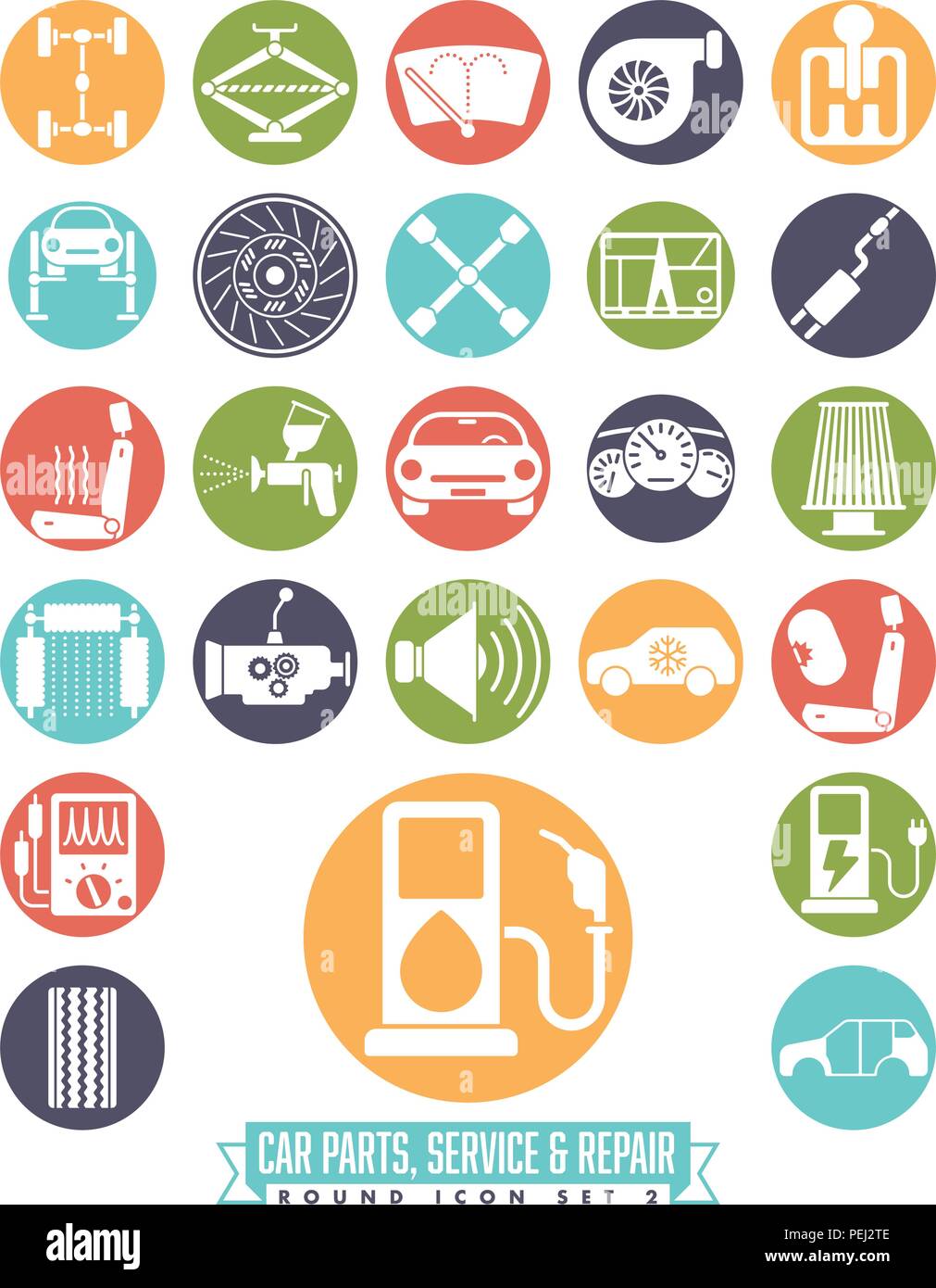 Sammlung von Auto Teile, Service und Reparatur Symbole in farbigen Kreisen. Runde automotive Symbole gesetzt 2. Stock Vektor