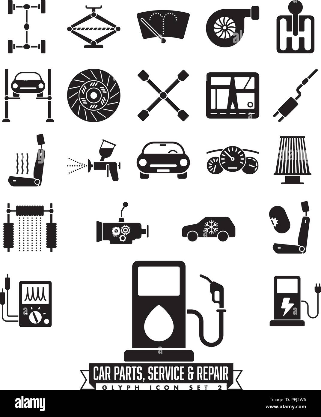 Ansammlung isolierter Auto Ersatzteile, Service und Reparatur Glyphe Symbole. Automotive Symbole gesetzt 2. Stock Vektor