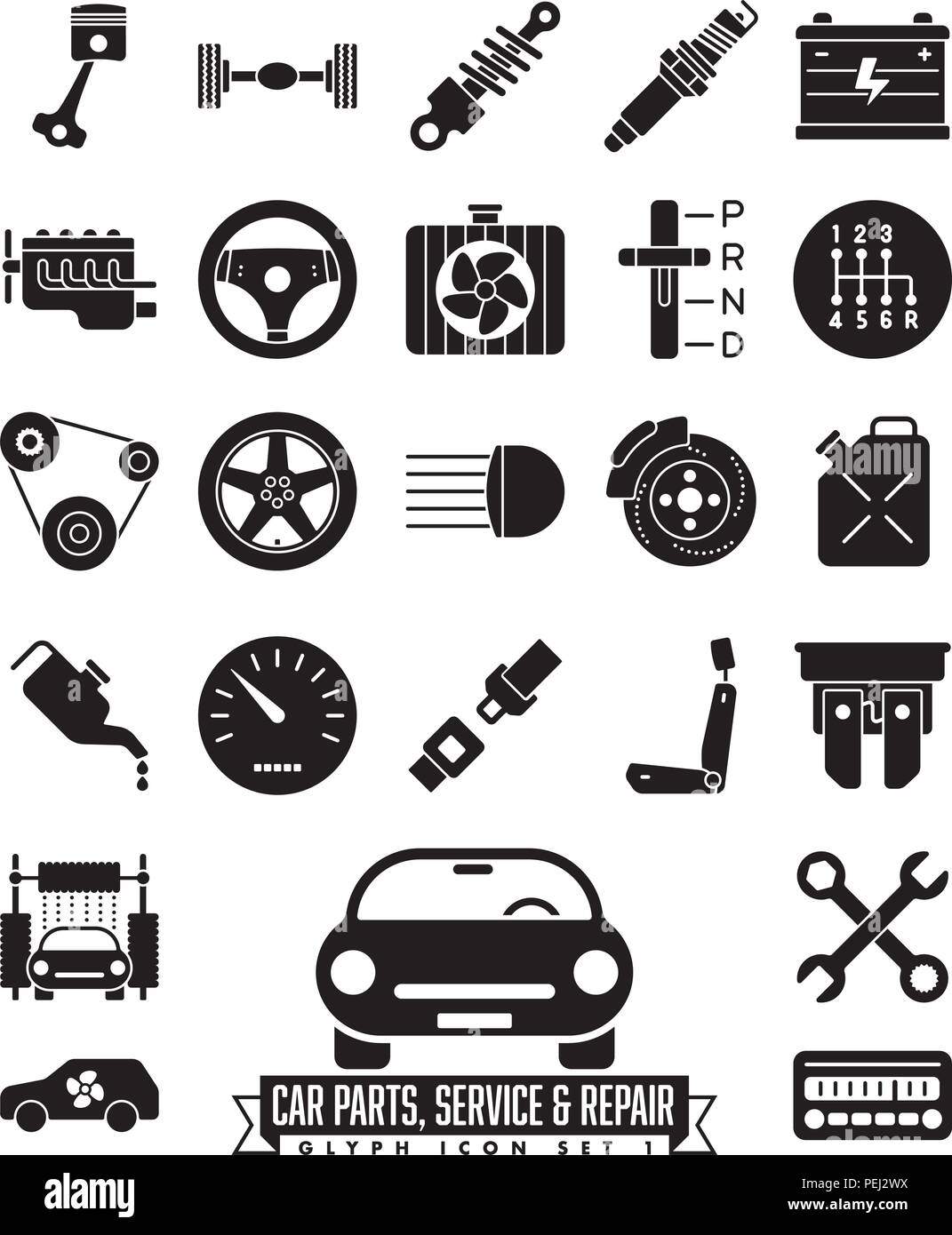 Ansammlung isolierter Auto Ersatzteile, Service und Reparatur Glyphe Symbole. Automotive Symbole 1 1. Stock Vektor