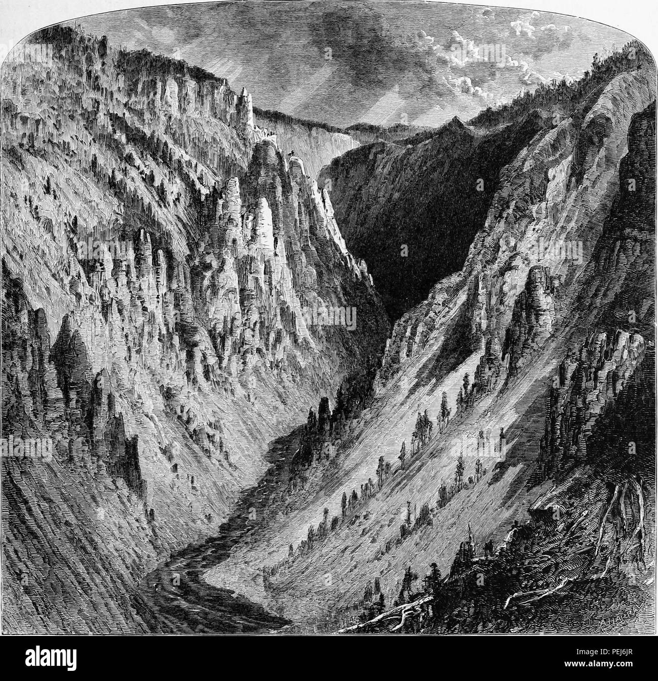 Schwarz und Weiß Vintage Print Darstellung einer tiefen, felsigen Schlucht, mit den Yellowstone River schneiden durch seine Basis, im Yellowstone National Park gelegen und erstreckt sich über die Staaten von Wyoming, Montana und Idaho in den USA in einer bearbeiteten Band William Cullen Bryant "Malerischen Amerika; oder, in das Land, in der wir Leben", 1872 veröffentlicht. Mit freundlicher Genehmigung Internet Archive. () Stockfoto
