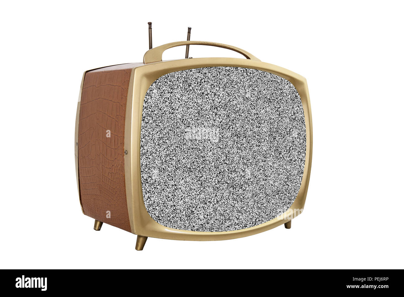 Retro 1950s tragbare Fernseher mit statischen Bildschirm. Stockfoto